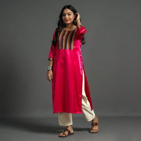 Dark pink - plain mashru silk with patchwork straight kurta
