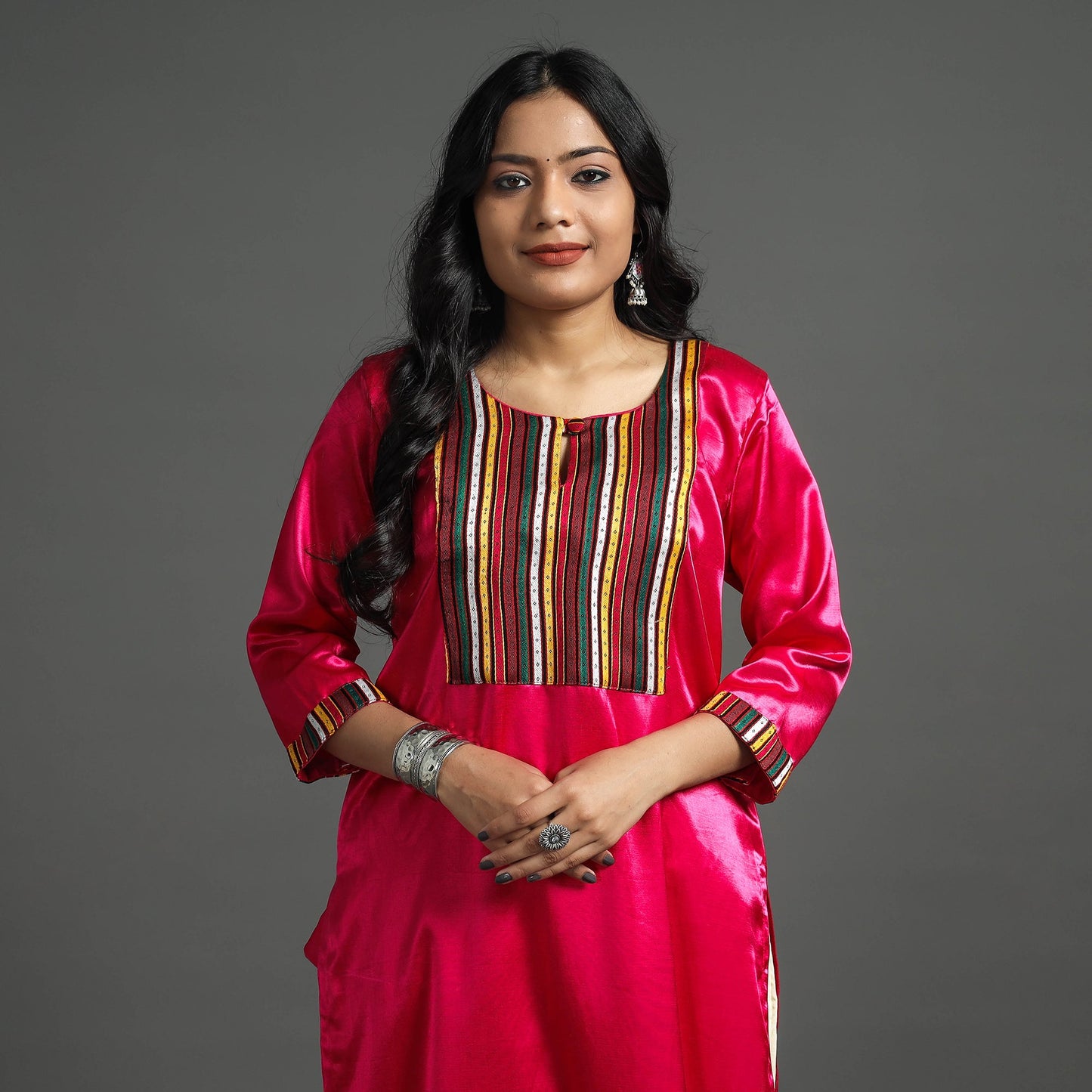 Dark pink - plain mashru silk with patchwork straight kurta