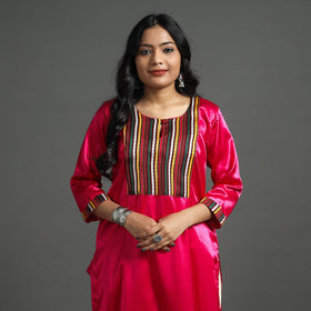 Dark pink - plain mashru silk with patchwork straight kurta