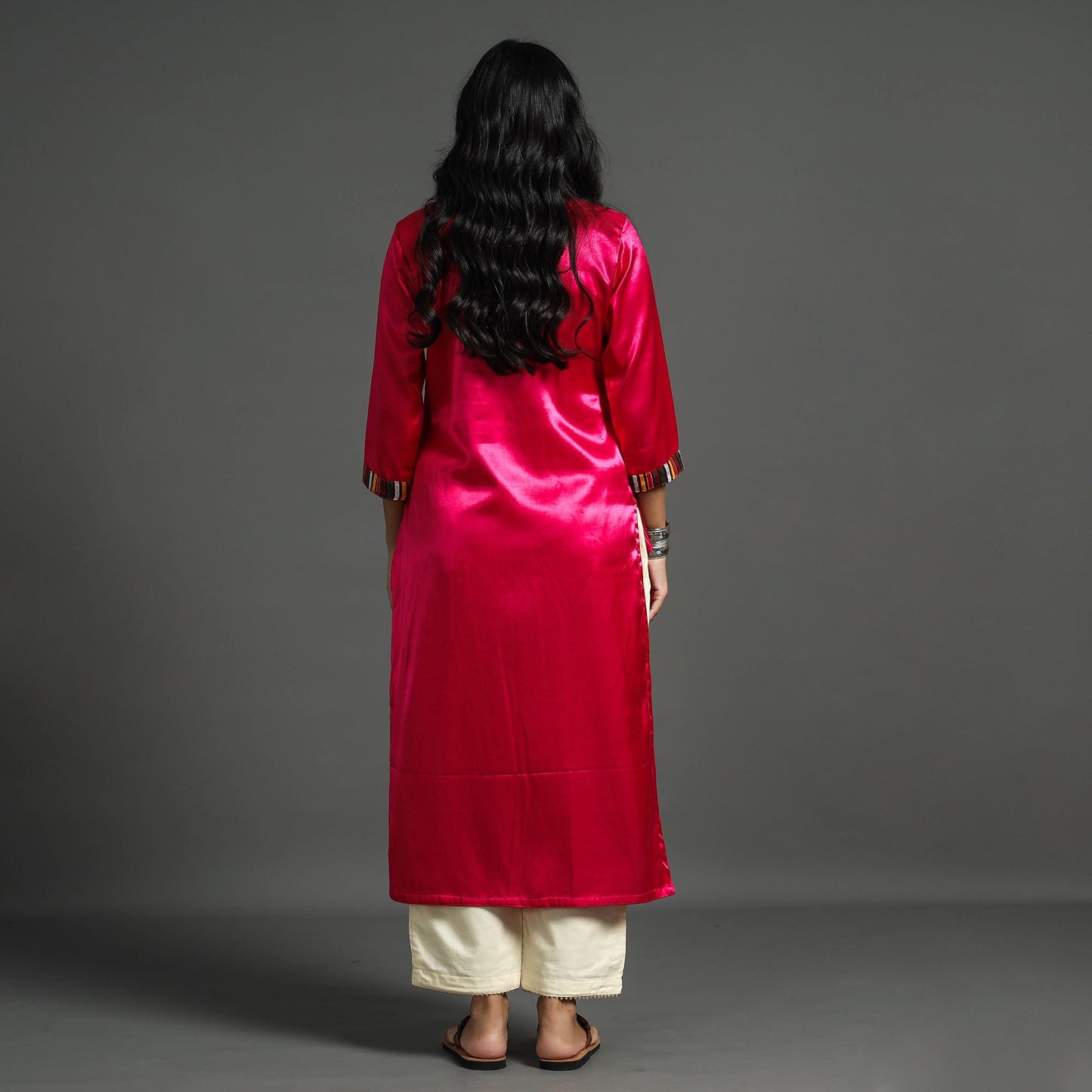 Dark pink - plain mashru silk with patchwork straight kurta