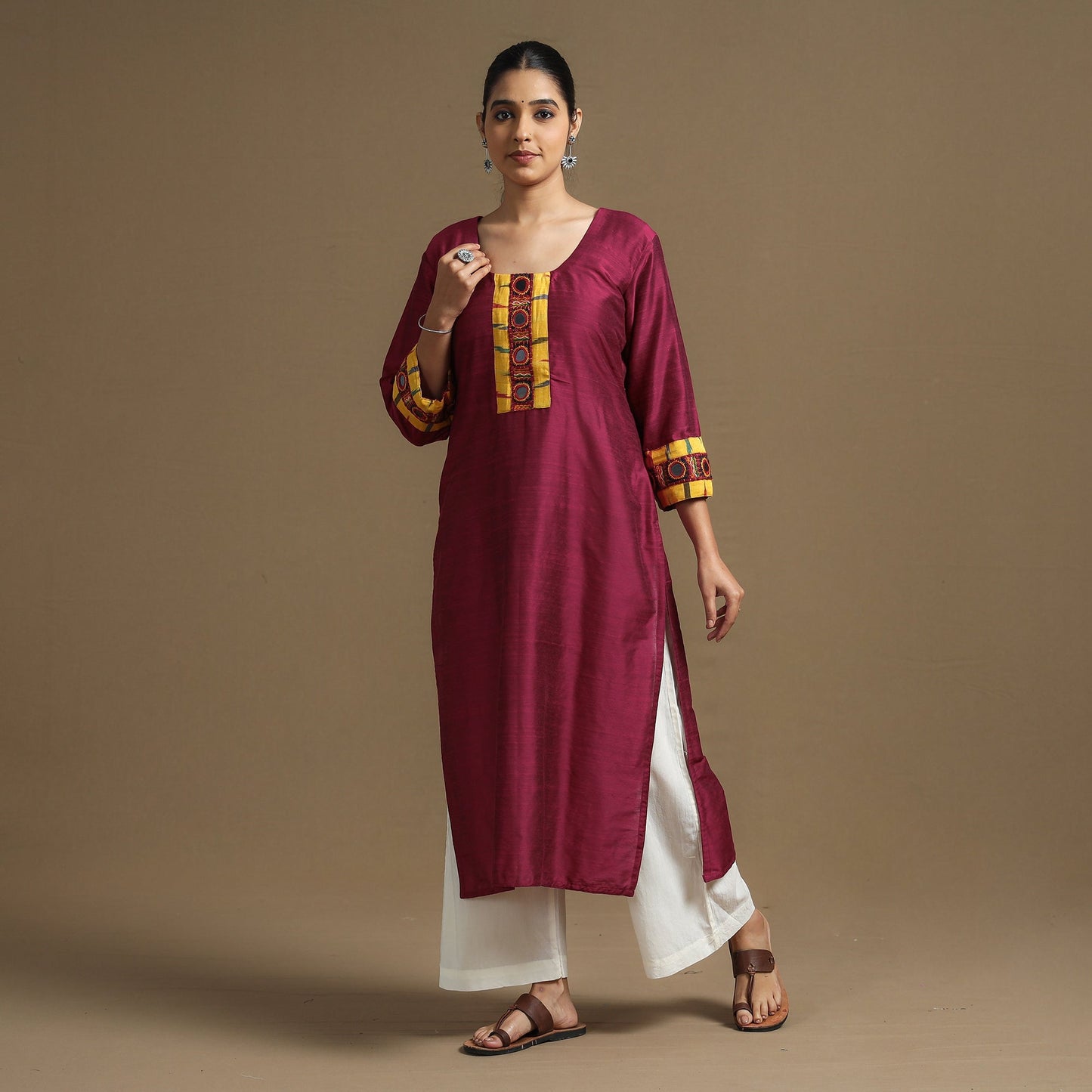 Buy Plain Slub Silk Kurta with Ikat Patchwork for Women
