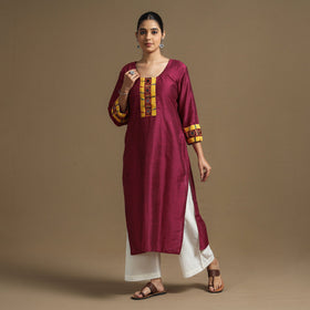 Buy Plain Slub Silk Kurta with Ikat Patchwork for Women