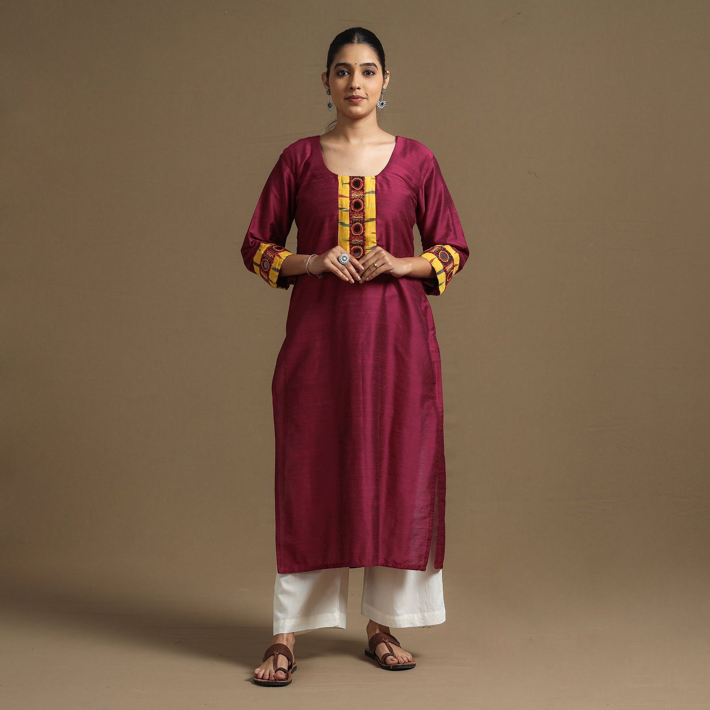 Buy Plain Slub Silk Kurta with Ikat Patchwork for Women