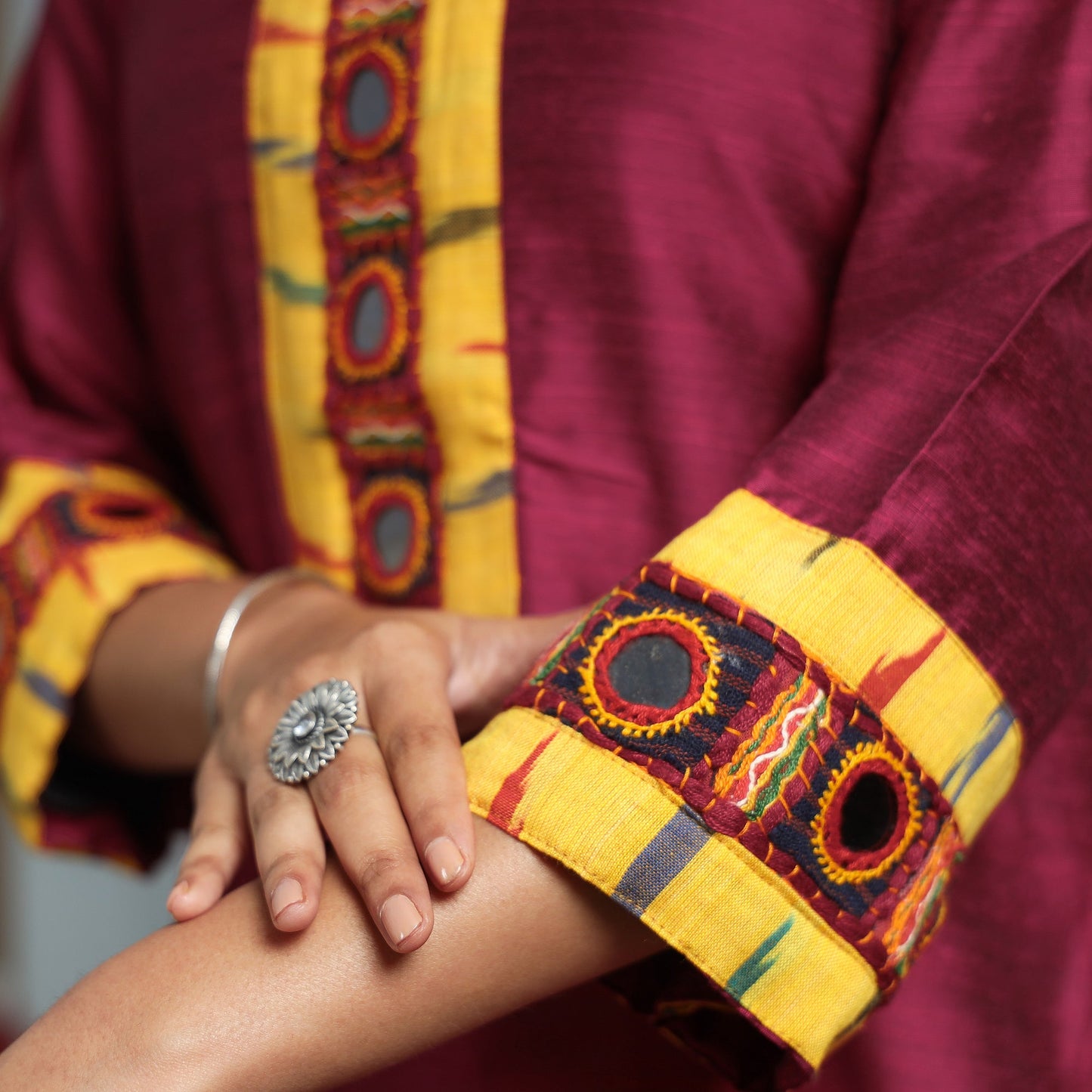 Buy Plain Slub Silk Kurta with Ikat Patchwork for Women