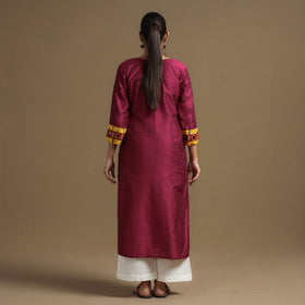 Buy Plain Slub Silk Kurta with Ikat Patchwork for Women