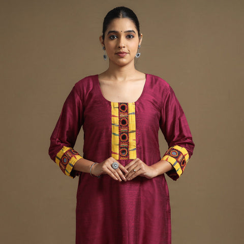 Buy Plain Slub Silk Kurta with Ikat Patchwork for Women