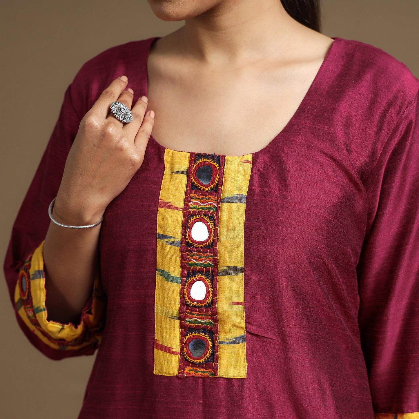 Buy Plain Slub Silk Kurta with Ikat Patchwork for Women