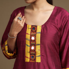 Buy Plain Slub Silk Kurta with Ikat Patchwork for Women