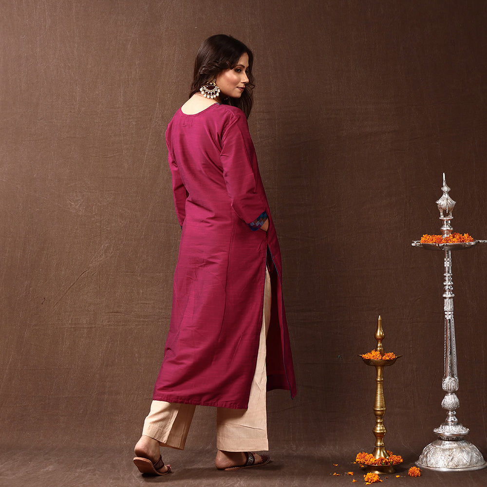 Buy Dark Pink Silk Plain Long Kurta for Women