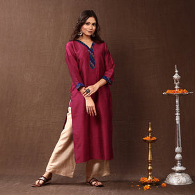 Buy Dark Pink Silk Plain Long Kurta for Women