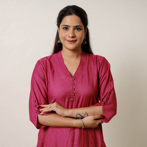 Dark pink - tussar silk plain long kurta - handcrafted