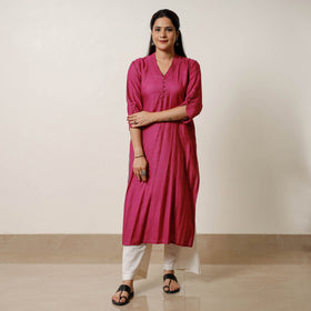 Dark pink - tussar silk plain long kurta - handcrafted