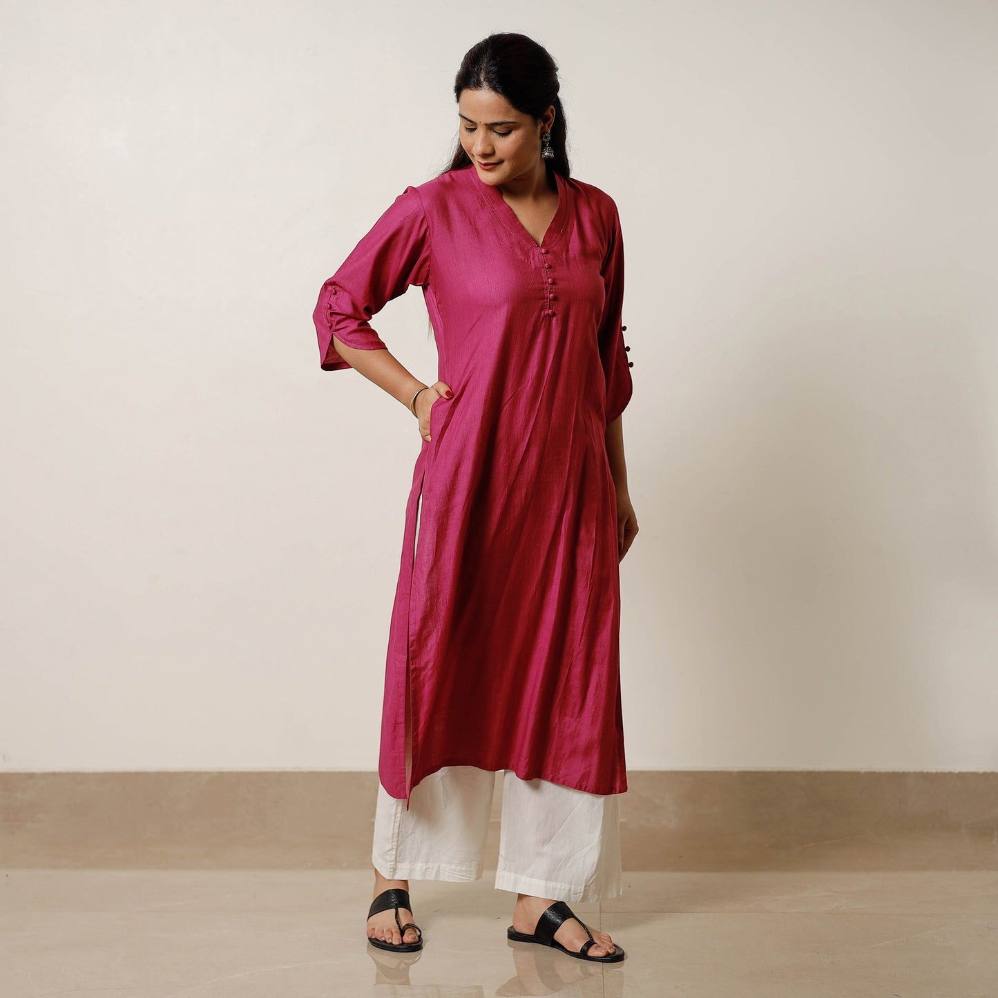 Dark pink - tussar silk plain long kurta - handcrafted