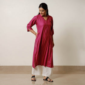 Dark pink - tussar silk plain long kurta - handcrafted