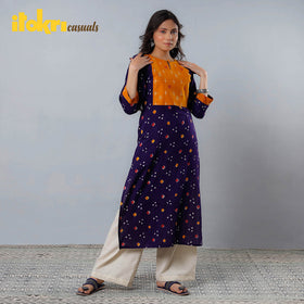 Buy Bandhani Tie-dye Cotton Long Straight Kurta for Women