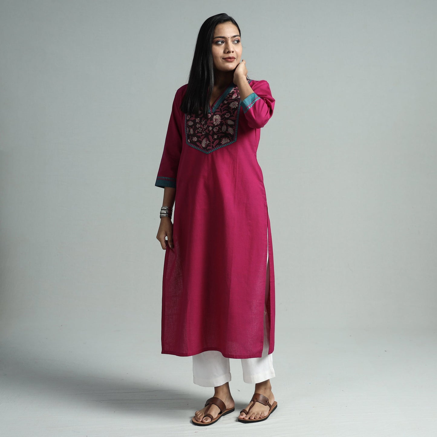 Dark purple - dharwad cotton straight kurta with sanganeri