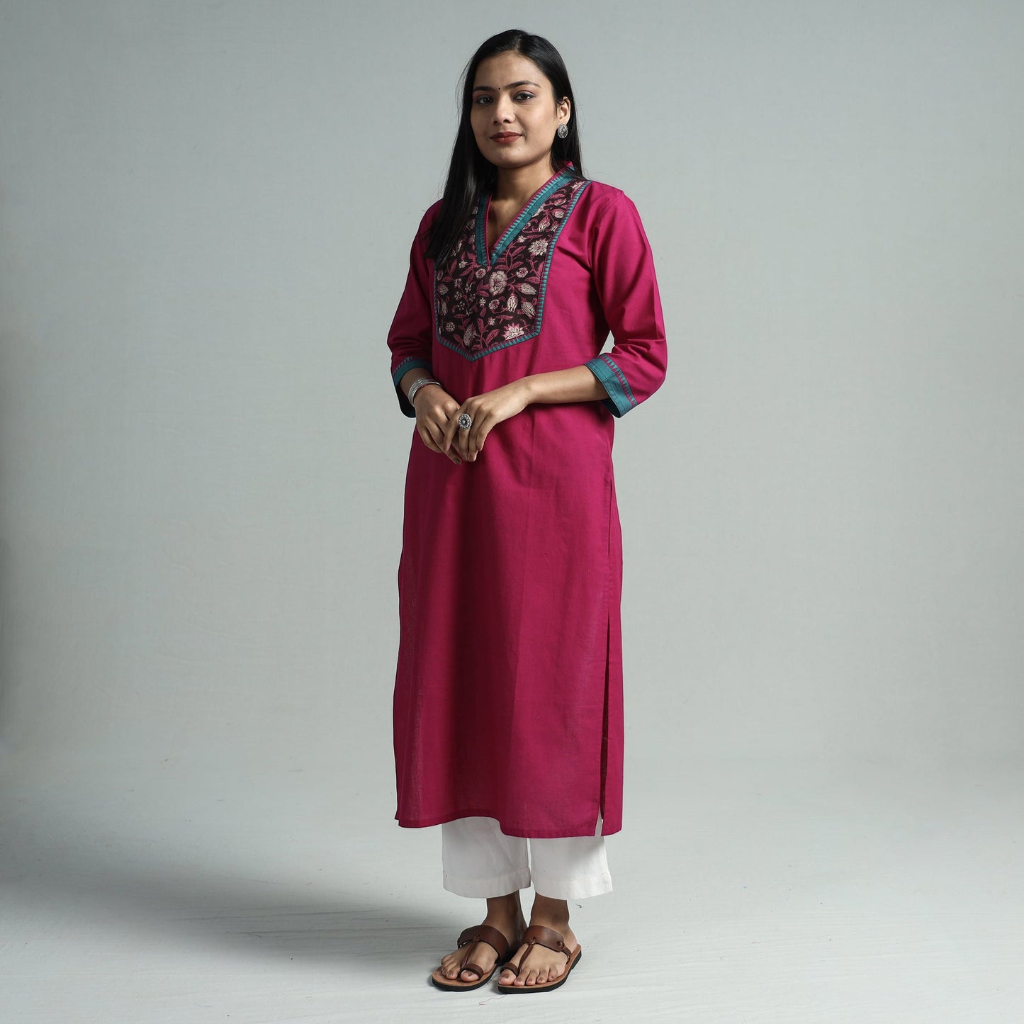 Dark purple - dharwad cotton straight kurta with sanganeri