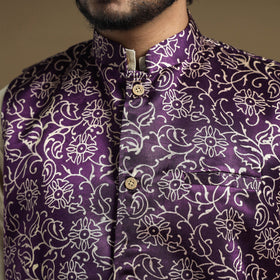 Dark purple - hand printed mashru silk nehru jacket