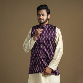 Dark purple - hand printed mashru silk nehru jacket
