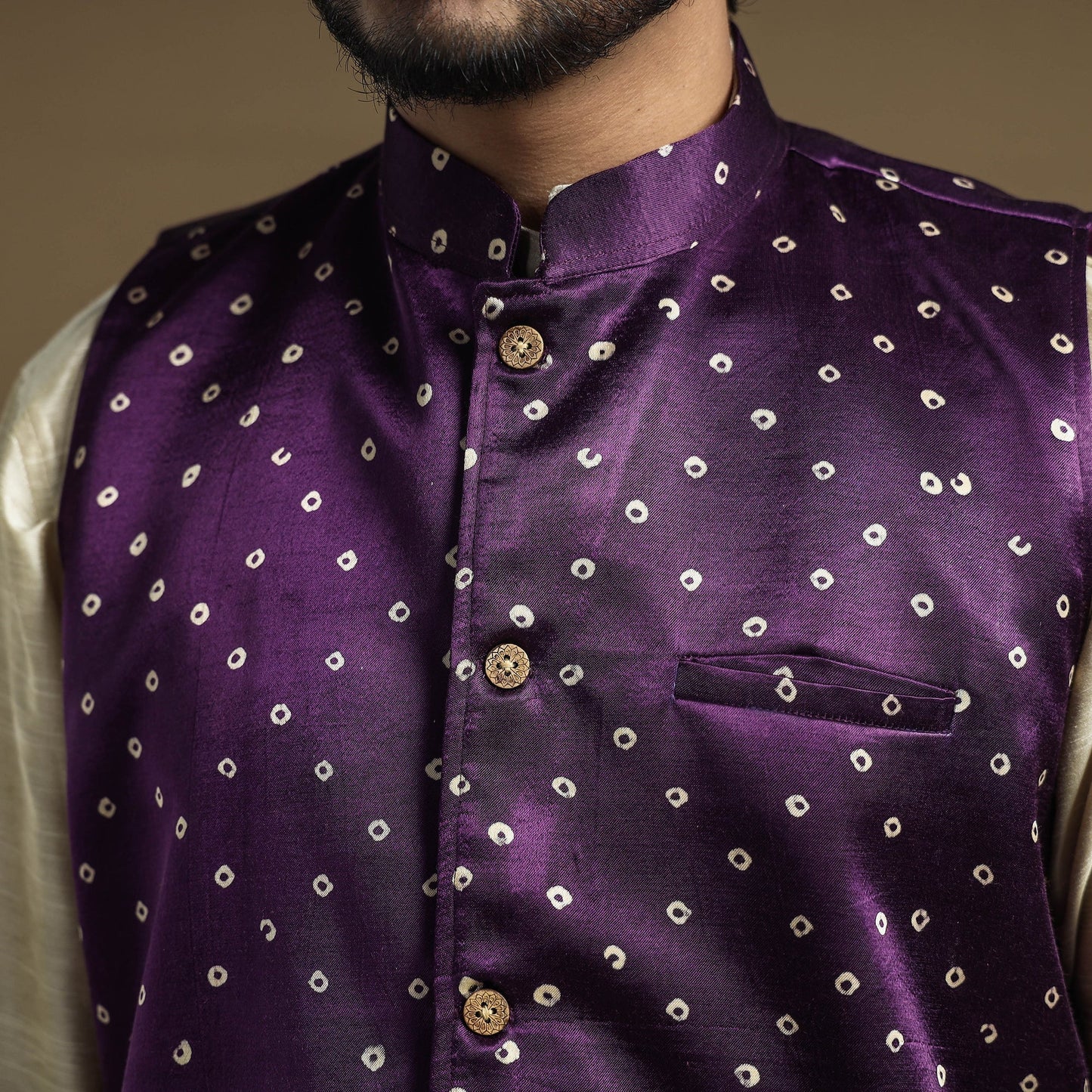 Dark purple - hand printed mashru silk nehru jacket