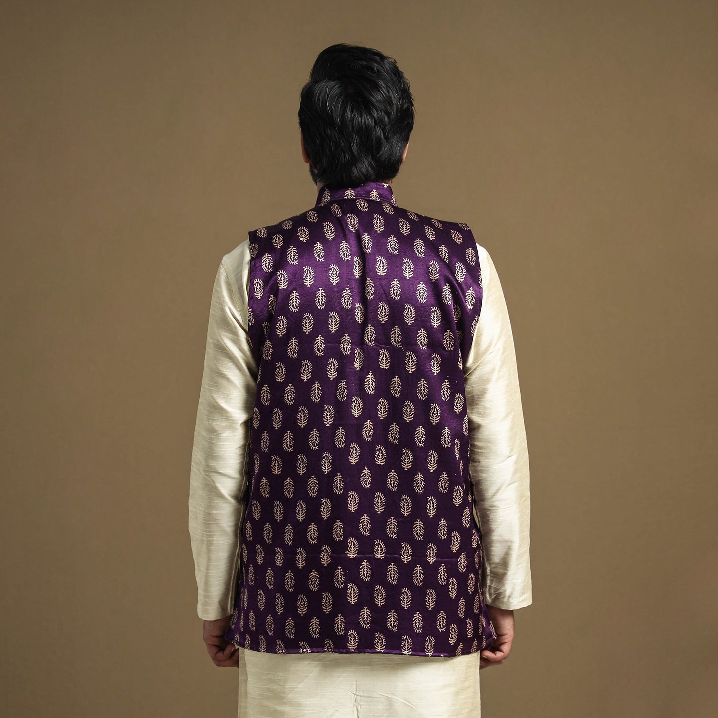 Dark purple - hand printed mashru silk nehru jacket
