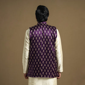 Dark purple - hand printed mashru silk nehru jacket