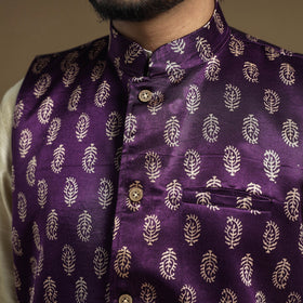 Dark purple - hand printed mashru silk nehru jacket