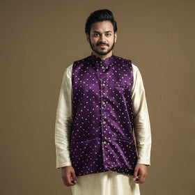 Dark purple - hand printed mashru silk nehru jacket