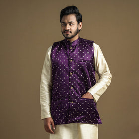 Dark purple - hand printed mashru silk nehru jacket