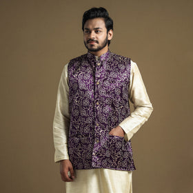 Dark purple - hand printed mashru silk nehru jacket