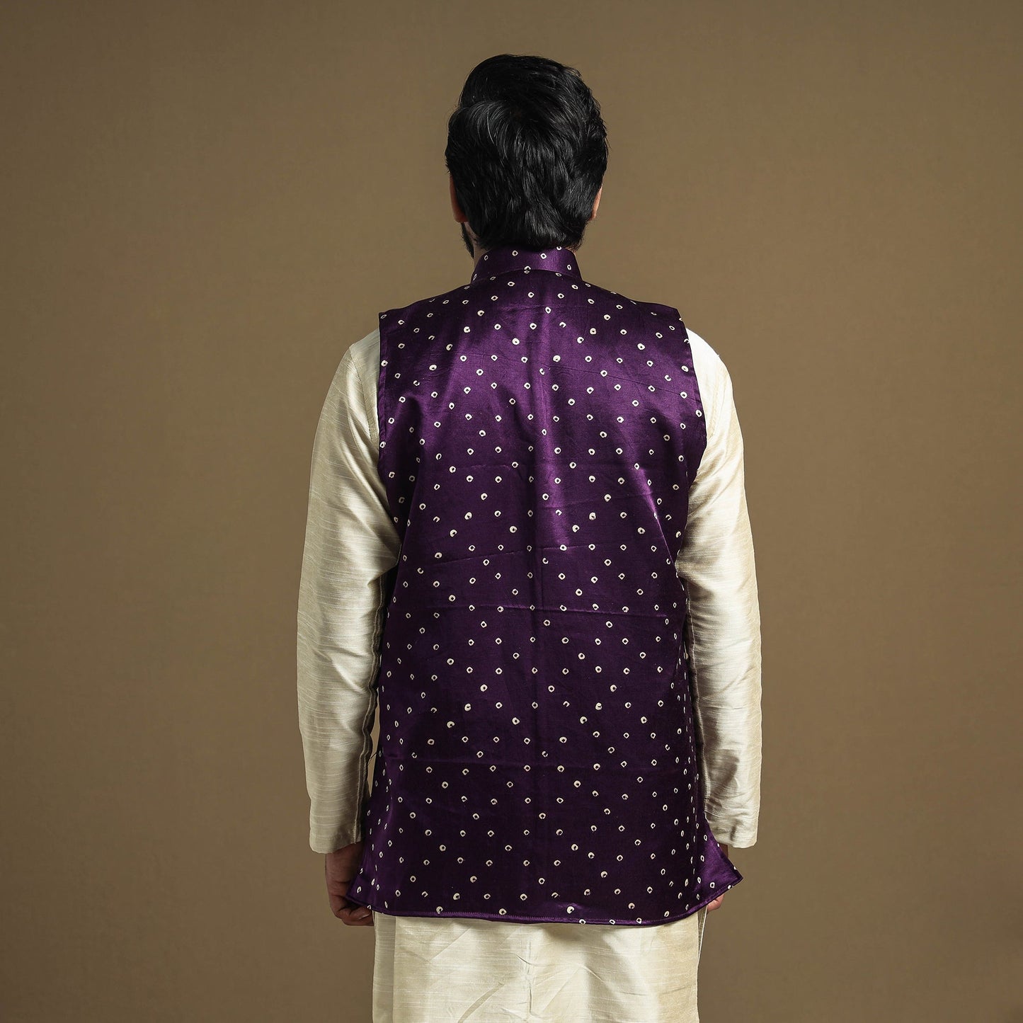Dark purple - hand printed mashru silk nehru jacket