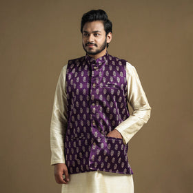 Dark purple - hand printed mashru silk nehru jacket