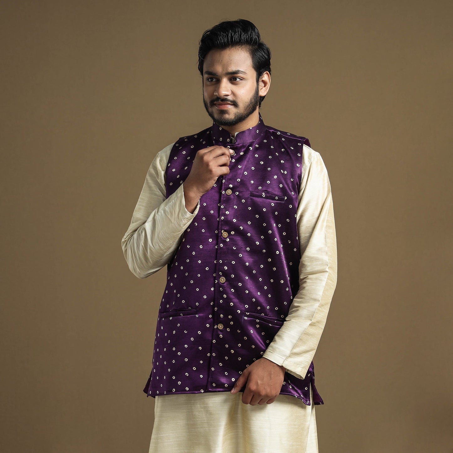 Dark purple - hand printed mashru silk nehru jacket