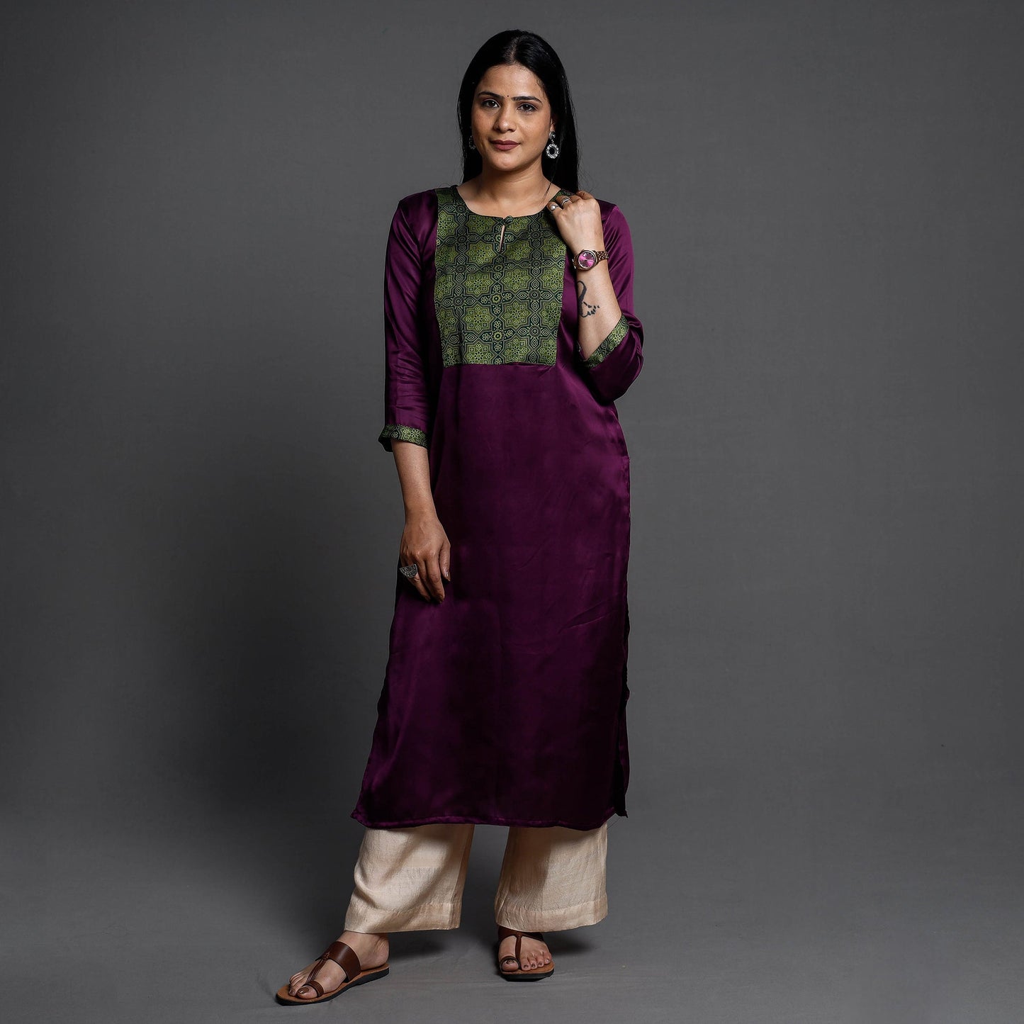 Dark purple modal silk plain long straight kurta