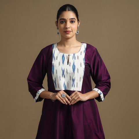 Buy Plain Slub Silk Kurta with Ikat Patchwork Online at iTokri.com