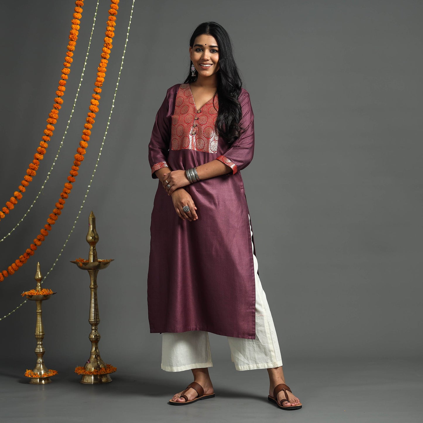 Dark purple - plain tussar silk handloom banarasi patchwork