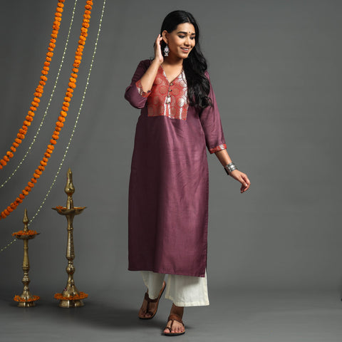 Dark purple - plain tussar silk handloom banarasi patchwork