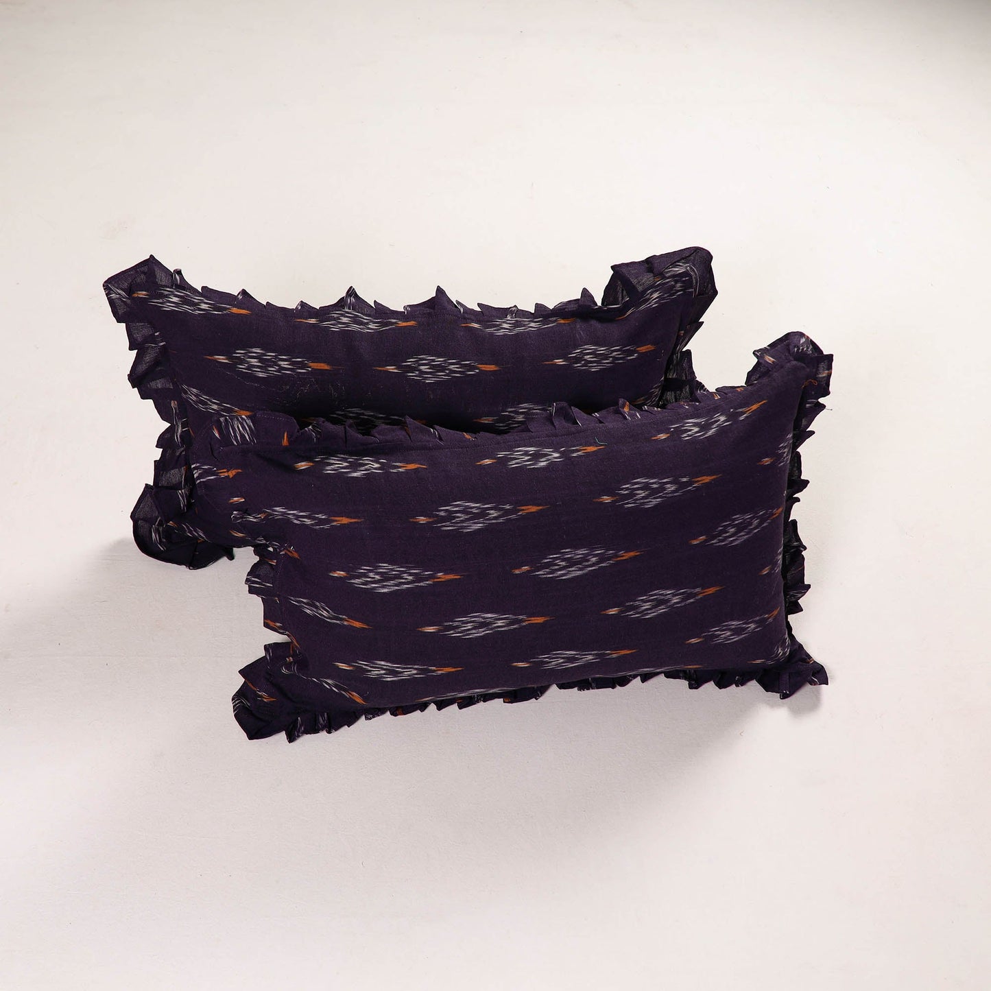 Dark Purple Set of 2 Pochampally Ikat Cotton Frill Pillow Covers