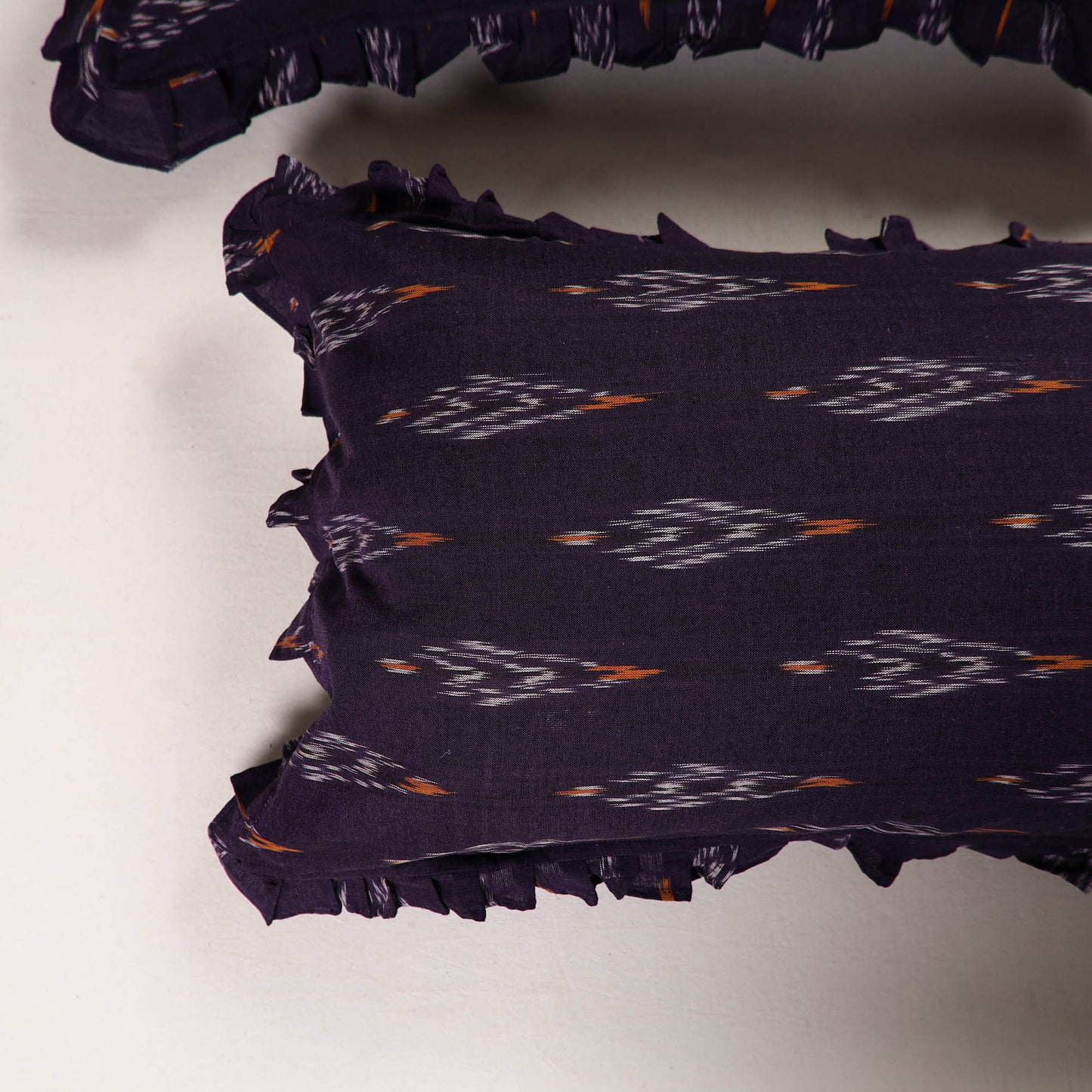 Dark Purple Set of 2 Pochampally Ikat Cotton Frill Pillow Covers