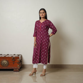 Buy Dark Purple Tie & dye Cotton Straight Bandhani Kurta 