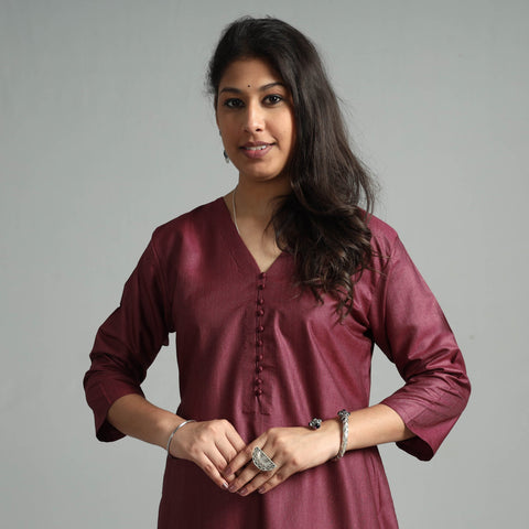 Buy Brick Red Tussar Silk Plain Kurta for Women