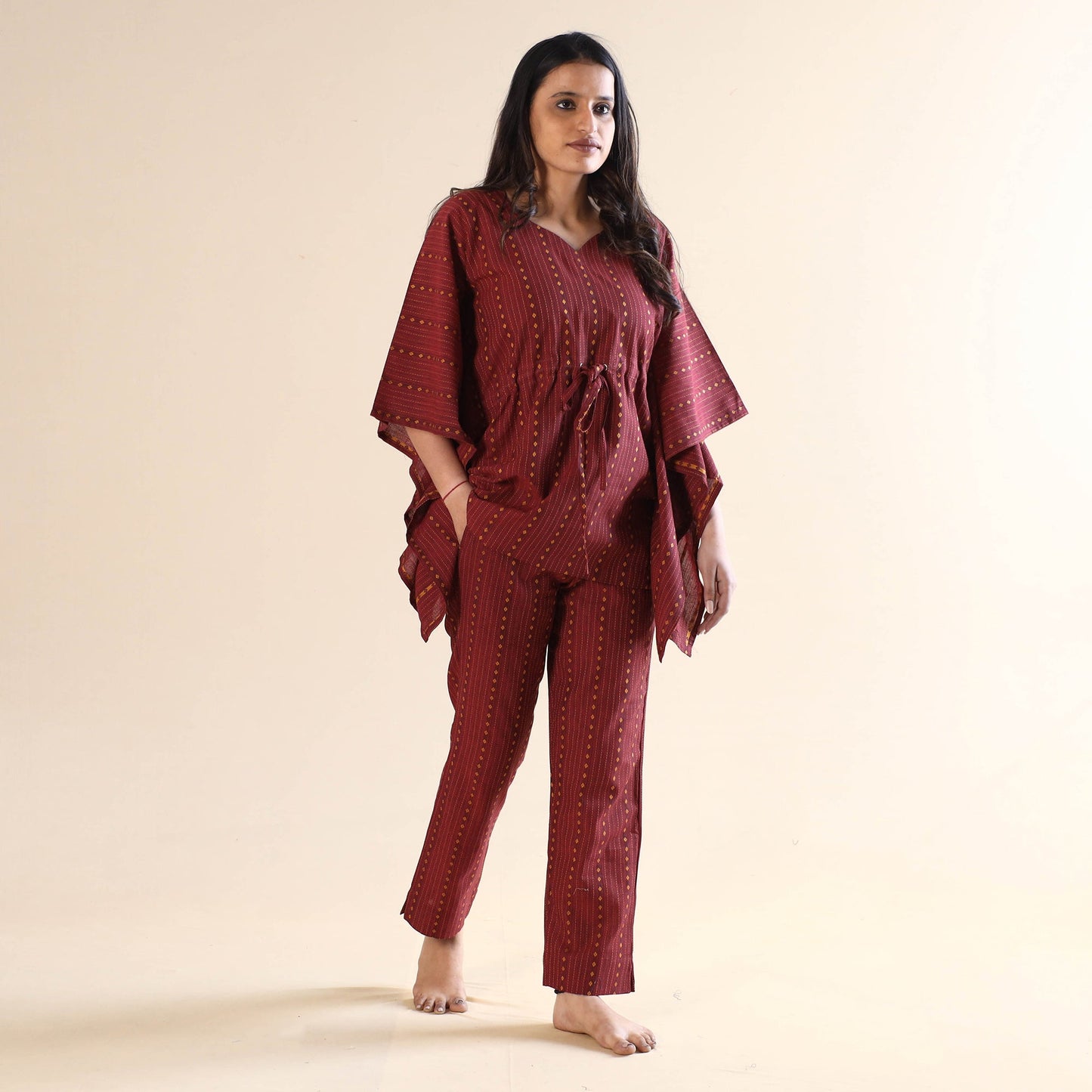 Dark red jacquard cotton kaftan & pyjama night suit set