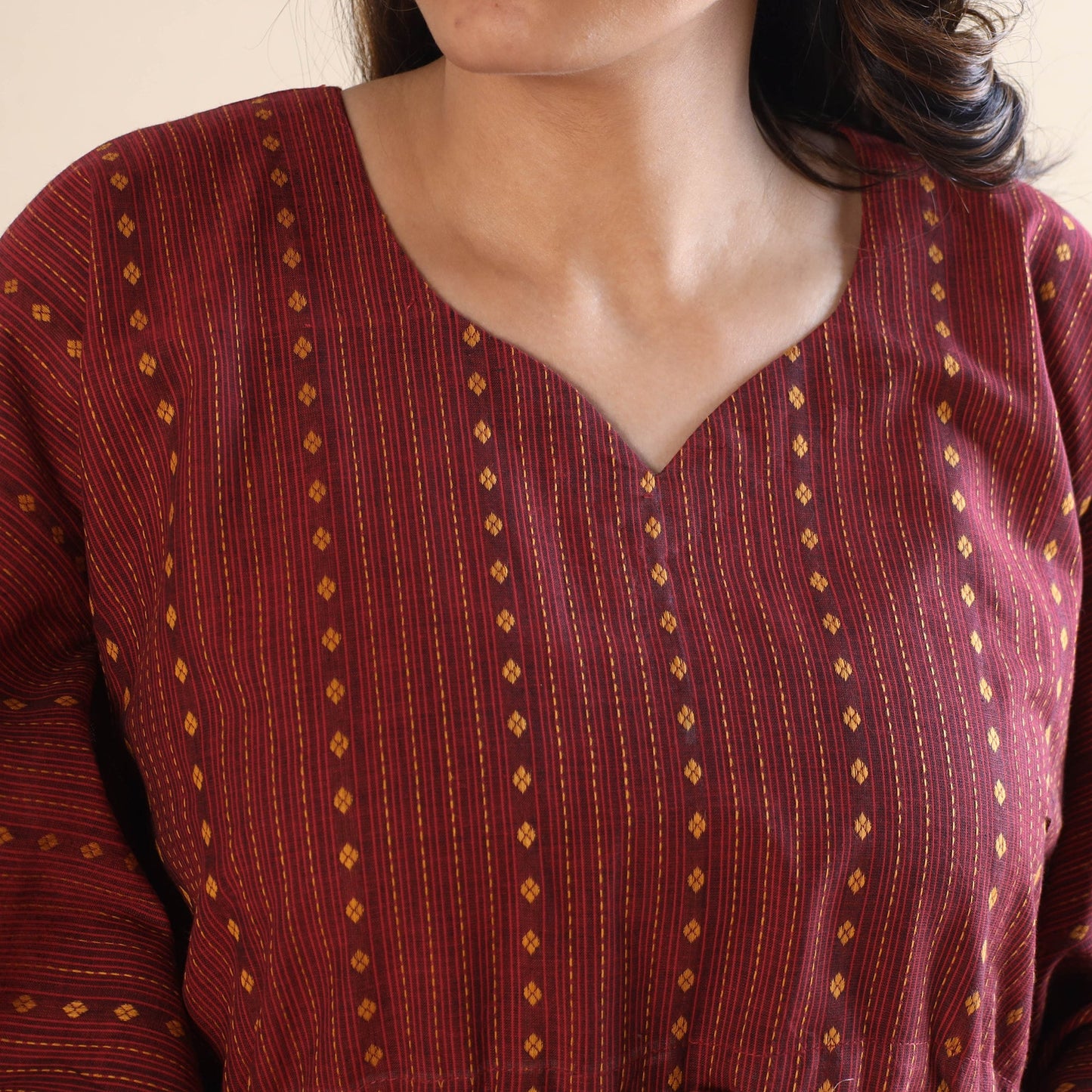 Dark red jacquard cotton kaftan & pyjama night suit set