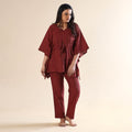 Dark red jacquard cotton kaftan & pyjama night suit set