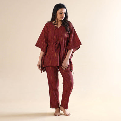 Dark red jacquard cotton kaftan & pyjama night suit set