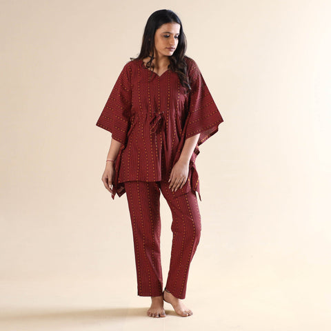 Dark red jacquard cotton kaftan & pyjama night suit set