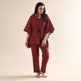 Dark red jacquard cotton kaftan & pyjama night suit set