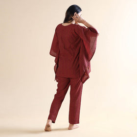 Dark red jacquard cotton kaftan & pyjama night suit set