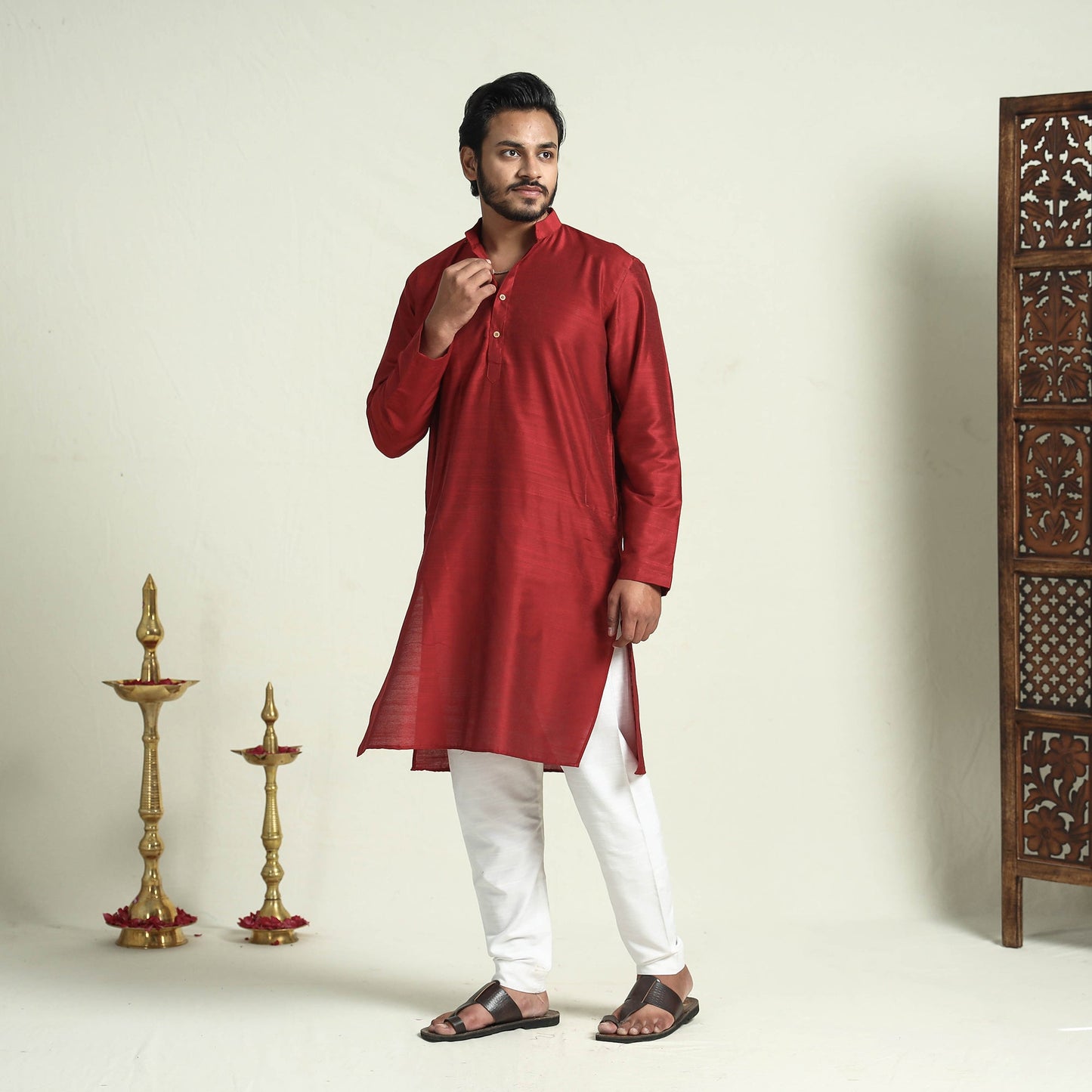 Buy Plain Dyed Slub Silk Men Long Kurta Online at iTokri.com