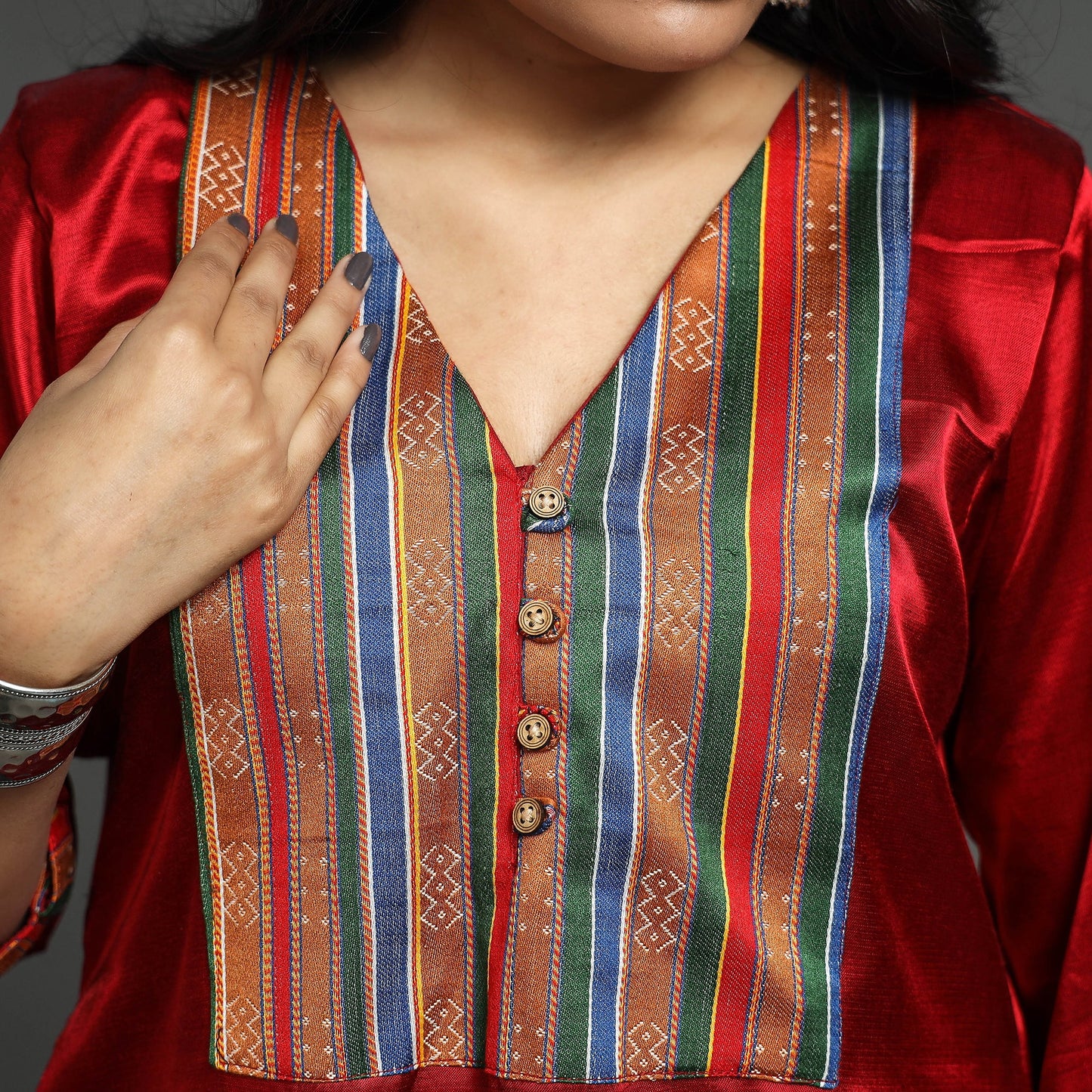 Dark red - plain mashru silk with patchwork floral a-line